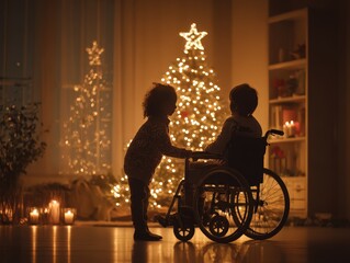 A child in a wheelchair being helped by a sibling to place the star on top of the Christmas tree. The scene is empowering and heartwarming, emphasizing ability and family support