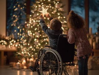A child in a wheelchair being helped by a sibling to place the star on top of the Christmas tree. The scene is empowering and heartwarming, emphasizing ability and family support