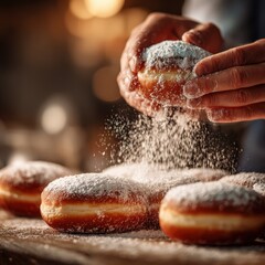 A close-up shot of hands making sufganiyot (jelly doughnuts) for Hanukkah. The hands are dusting the doughnuts with powdered sugar. The background is a warm, inviting kitchen