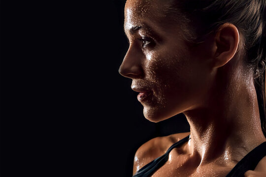 Fit Woman Resting After Intense Workout Sweating on Dark Background