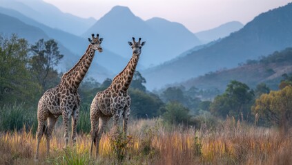 Fototapeta premium Two giraffes stand in a grassy field, mountains in the distance at dusk