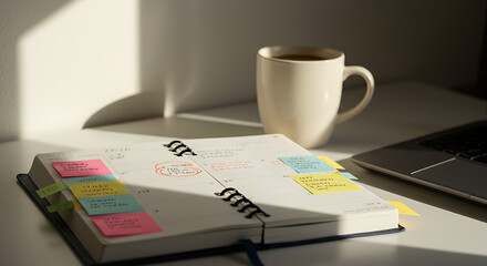 Minimalist desk setup with an open 2026 planner, coffee cup, laptop, and sticky notes for resolutions and tasks