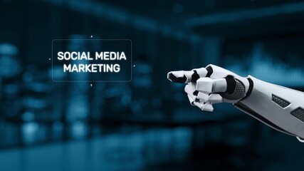 A robotic hand points towards social media marketing graphics, showcasing digital icons and data visualization in a modern business environment, highlighting innovation. Synapse - Powered by Adobe
