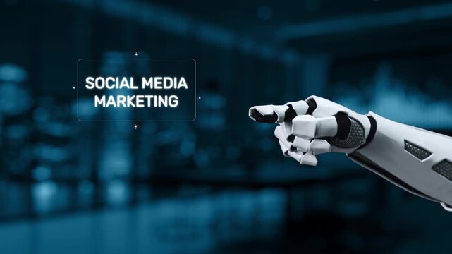 A robotic hand points towards social media marketing graphics, showcasing digital icons and data visualization in a modern business environment, highlighting innovation. Synapse