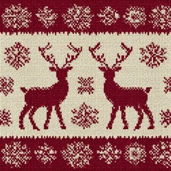 Knitted sweater seamless pattern, reindeer and snowflakes, red/cream palette, vector-like clarity, no branding