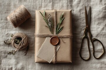 Fototapeta premium Kraft gift-wrapping artisan flat lay: wax seals, twine, sprigs, metal scissors, linen backdrop, top-down softbox lighting, high detail, negative space for ad copy, brand-safe neutral props 