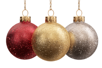 Shiny Christmas balls in red, gold, and silver. Several New Year's decorations on a transparent background. Design element. New Year.