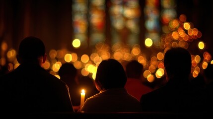 Midnight mass candle silhouettes, stained glass bokeh abstract, reverent framing, no identifiable people 
