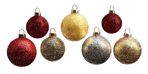 Shiny Christmas balls in red, gold, and silver. Several New Year's decorations on a transparent background. Design element. New Year.