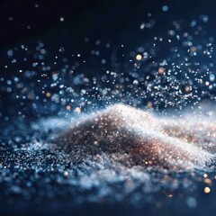 Minimal confectionerâ€™s sugar snowfall macro on dark backdrop, sparkling particulate detail, abstract festive texture 