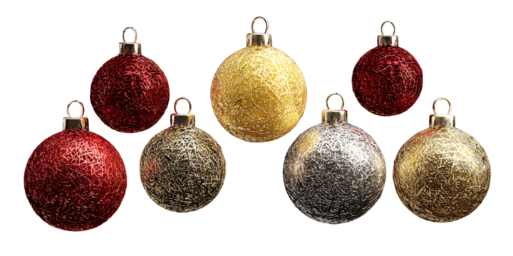 Shiny Christmas balls in red, gold, and silver. Several New Year's decorations on a transparent background. Design element. New Year.