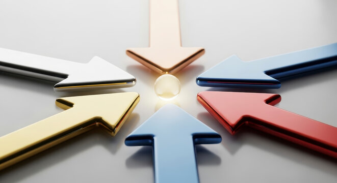 Multiple Colorful Arrows Pointing Toward a Glowing Orb Symbolizing Unity and Convergence