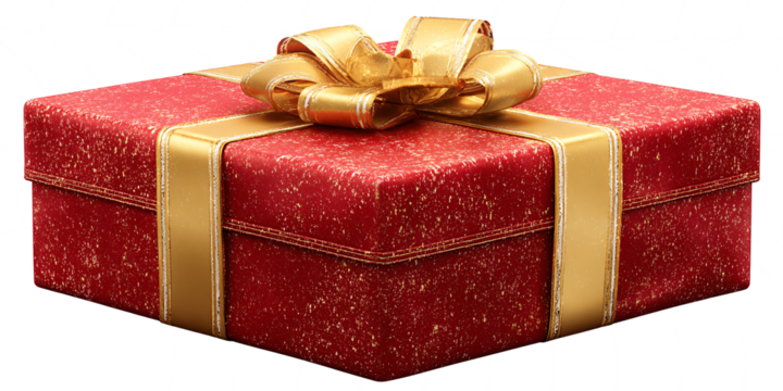 A gift box wrapped in red paper with a gold ribbon and bow on a transparent background. New Year. Retail gift. Design element.