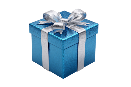 A gift box wrapped in shiny blue paper with a silver ribbon and bow on a transparent background. New Year. Retail gift. Design element. - Powered by Adobe