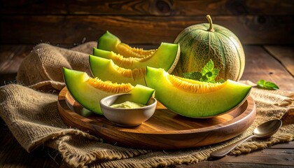 Sliced cantaloupe and whole fruit on wooden tray, rustic setup, lit from above