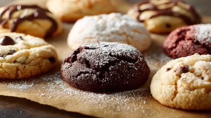 National Cookie Day hero shot, assorted cookies on parchment, powdered sugar dusting, warm tones, clean top header zone, no hands 