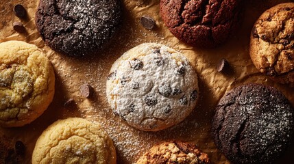 National Cookie Day hero shot, assorted cookies on parchment, powdered sugar dusting, warm tones, clean top header zone, no hands