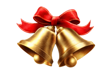 Golden Christmas bells with a red ribbon and bow. Holiday decoration isolated on a transparent background. Design element. Shiny New Year's decor.