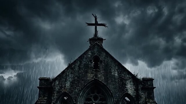 A dark and ominous stone church with a cross on top stands against a stormy, rainy background with a spooky atmosphere on a Halloween night.