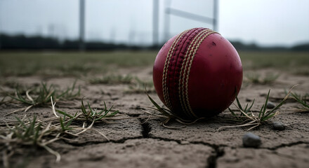 Cricket ball resting on dry cracked earth with grass blades.
