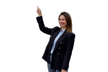 Woman businesswoman pointing up, presenting new ideas, making a presentation, smiling at camera with transparent background