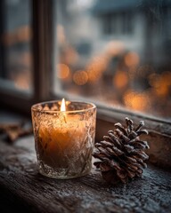 Rustic window still life: candle, pinecone, frost on glass, distant warm bokeh, moody side light, narrative minimalism
