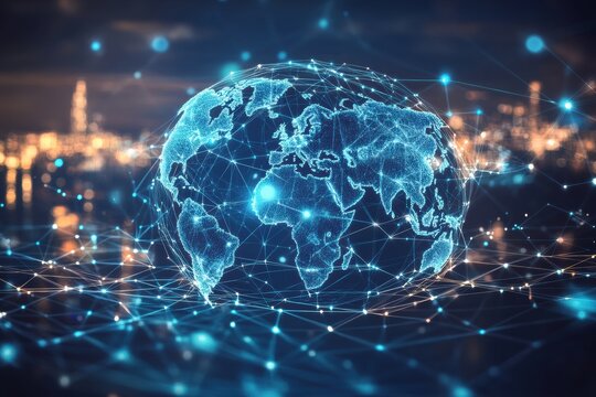 Digital globe connected by blue lines representing global networking and communication with a city skyline in the background at night