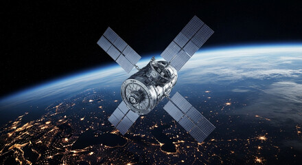 Satellite orbiting earth with city lights visible and a blue atmosphere in the dark of space