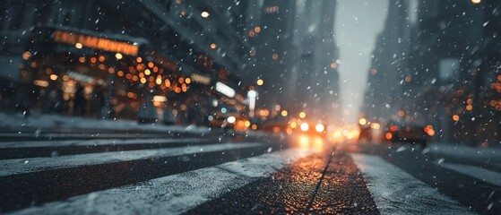 Winter city crosswalk at dusk, snowflake bokeh in streetlights, neutral storefronts unbranded, cinematic color grading, space for overlays 