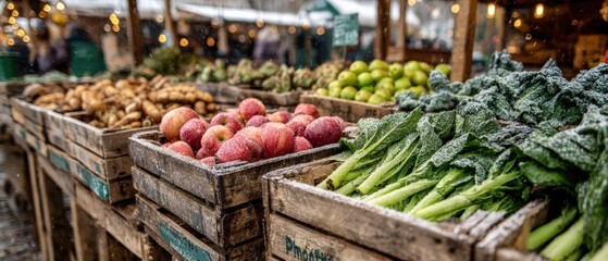 Winter farmersâ€™ market feel without signage: crates of apples and winter greens, visible breath, soft overcast daylight, brand-safe 