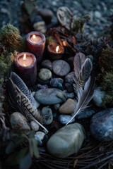 Winter Solstice nature altar with stones, feathers, and candles, ritual arrangement, spiritual connection, photorealistic, natural textures, perfect setup, no distortions