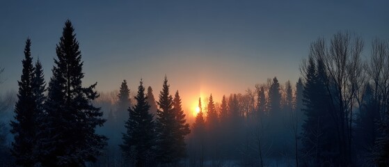 Winter solstice sunrise, subtle sun pillar over forest, atmospheric haze, cinematic width, no people 