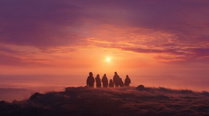 Winter Solstice sunrise watch, group on hilltop greeting first light, hopeful new cycle, photorealistic, dawning rays, flawless features, no anomalies, golden horizon glow