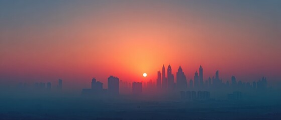 Winter sunrise over skyline with subtle haze, cool-warm gradient, no signage, hero image composition with copy space 
