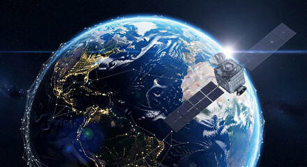 Satellite orbiting earth with interconnected network lines and sun glare in outer space view