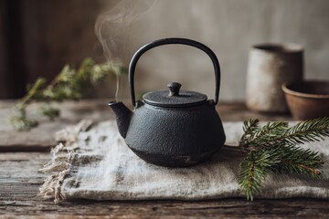 Winter tea ceremony: unbranded cast iron teapot, steam, linen runner, cedar sprig, zen minimal styling, soft natural light 