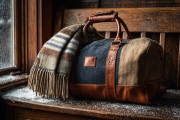 Winter travel vignette: packed duffel, wool scarf, cabin entry bench, snow dusting, warm-cool contrast, lifestyle without faces, brand-safe props 