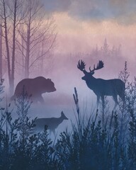 Winter wildlife silhouettes at dusk, painterly realism, mist layers, card cover composition, no facial detail 