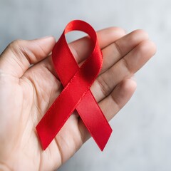 World AIDS Day (Dec 1): A close-up of a hand holding a red ribbon, the universal symbol of awareness and support for people living with HIV. The background is soft and neutral. 