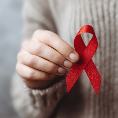 World AIDS Day (Dec 1): A close-up of a hand holding a red ribbon, the universal symbol of awareness and support for people living with HIV. The background is soft and neutral