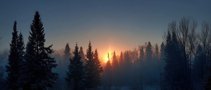 Winter solstice sunrise, subtle sun pillar over forest, atmospheric haze, cinematic width, no people 
