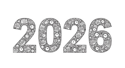 Vector typography “2026” filled with small icons of clocks and calendar pages, symbolizing time and new year, isolated on white background