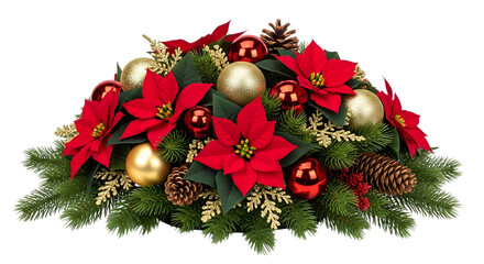 Christmas centerpiece isolated on transparent background featuring red poinsettias, gold ornaments, pine cones, and green fir branches for festive decor