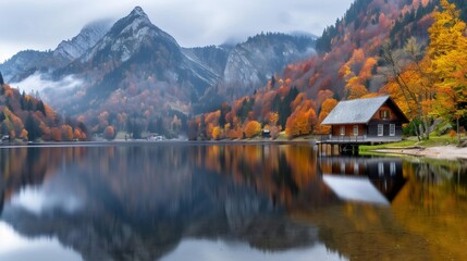 Fototapeta premium Wooden cabin reflecting on a mountain lake during autumn