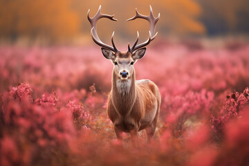 stag standing in vibrant pink heather during sunset, surrounded by autumn foliage