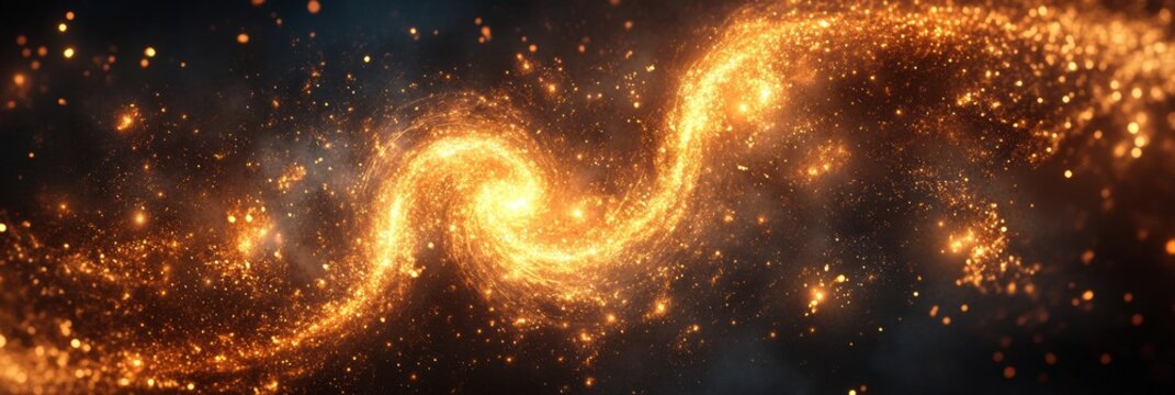 Swirling golden galaxy with bright stars in deep space at night