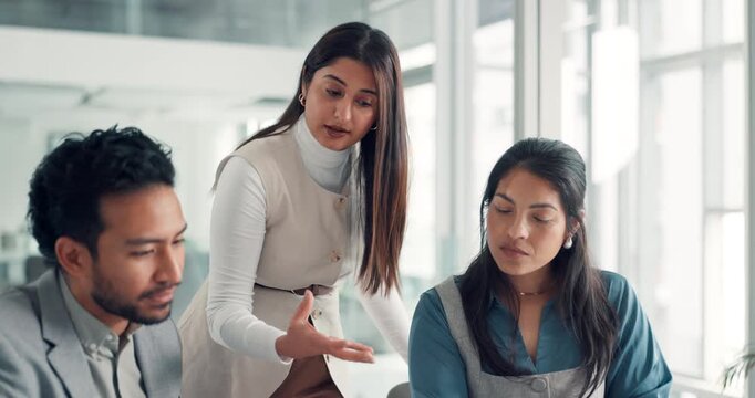 Business, discussion or people with laptop in meeting for story ideas, headline review or feedback. Publishing team, journalist or editor with tech at agency for fact checking, advice or proofreading