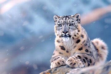 Obraz premium Snow leopard resting on rock during winter snowfall