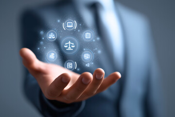 Businessman holding law and justice icons, digital innovation concept background