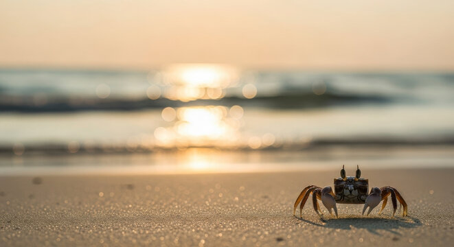 Tiny Crab Scurries Across Sandy Beach During Golden Hour Sunset
